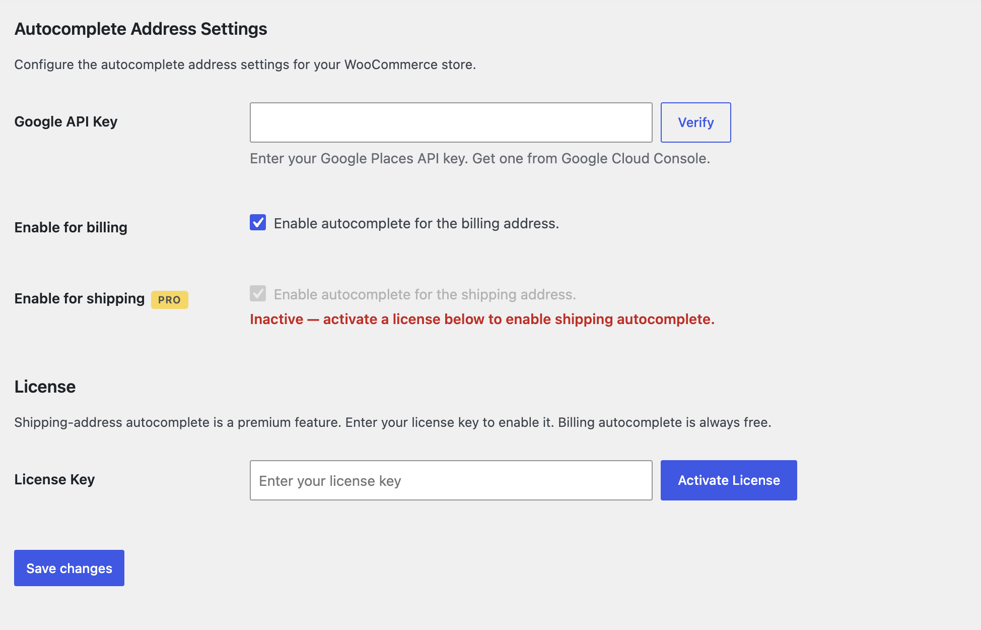 Plugin settings showing free billing autocomplete and Pro shipping autocomplete options