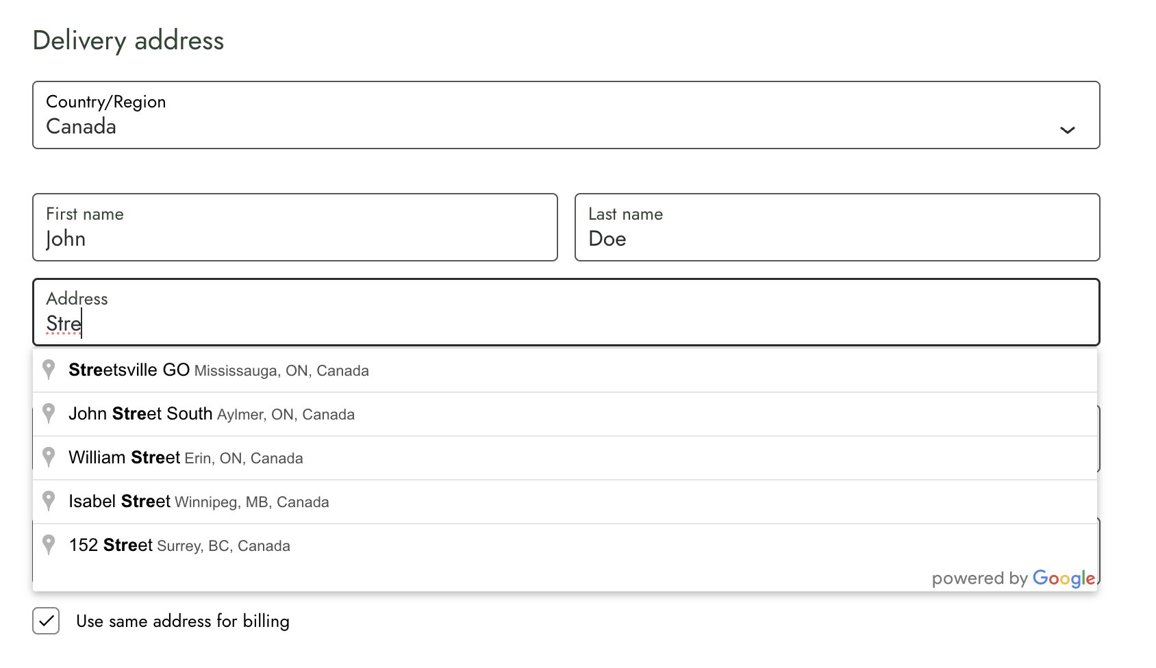 WooCommerce delivery address form with Google Places autocomplete suggestions appearing as the customer types a street address