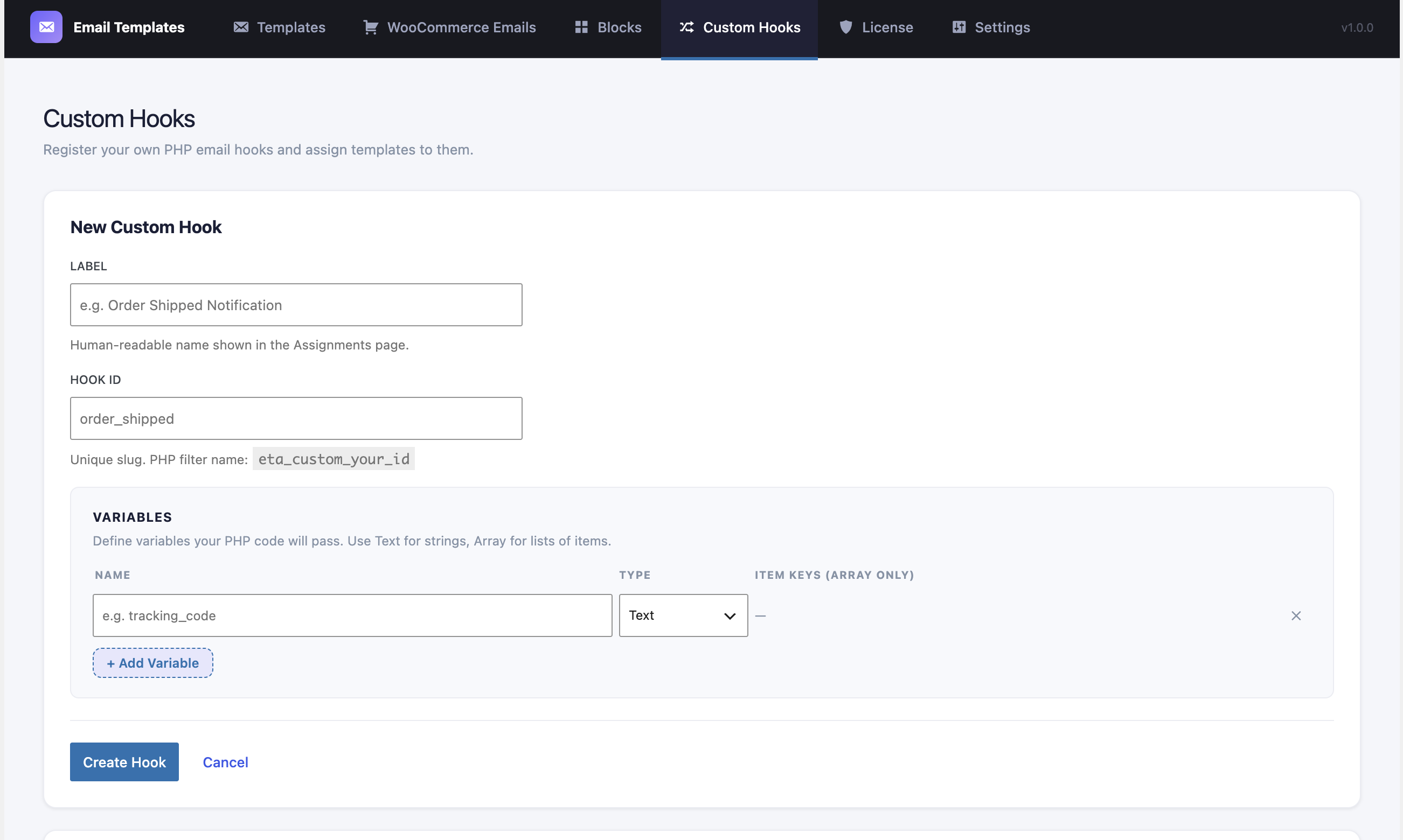 CodePros Email Template Builder Custom Hooks screen for registering a new PHP email hook and its variables