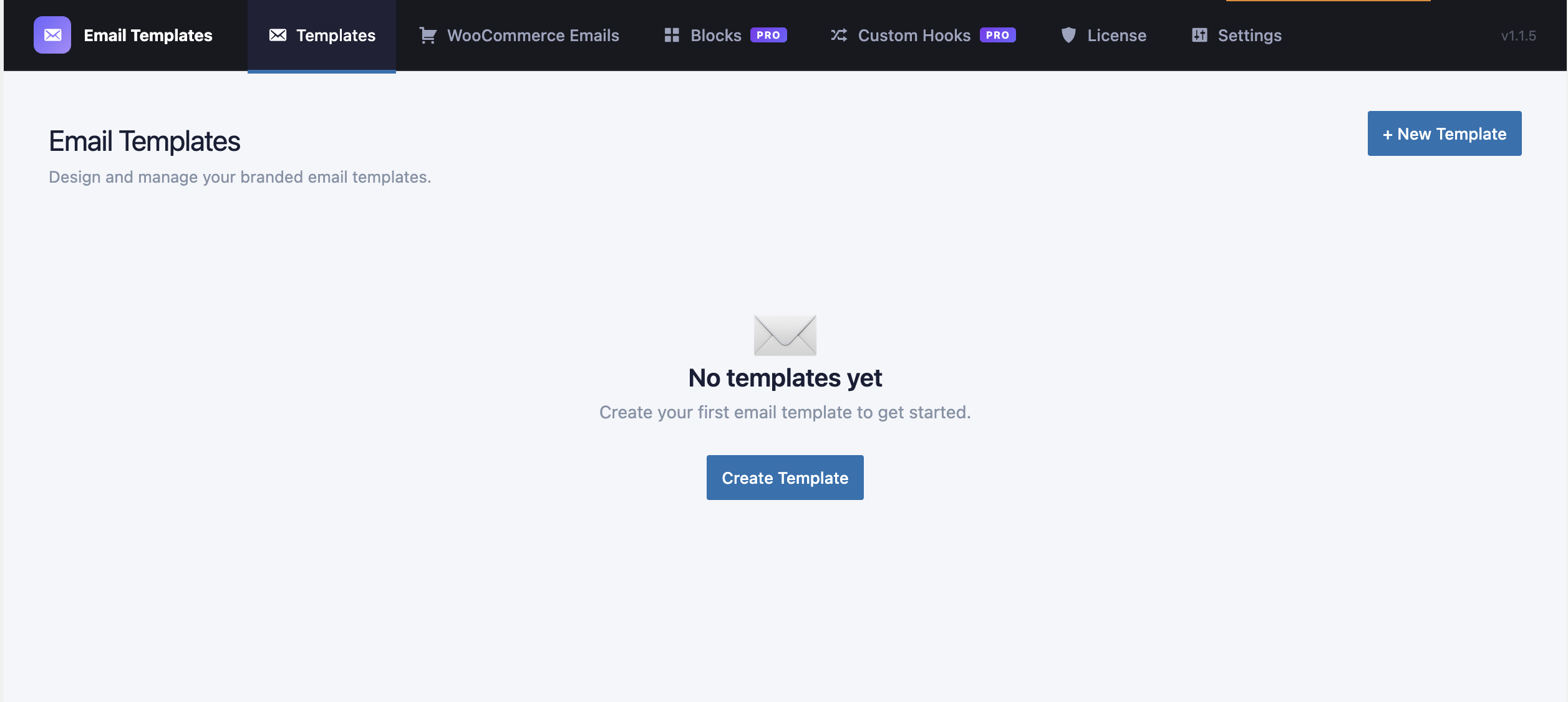 CodePros Email Template Builder Templates page with a button to create a new branded email template