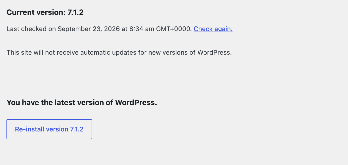 WordPress dashboard confirming the site is running the latest version, WordPress 7.1.2