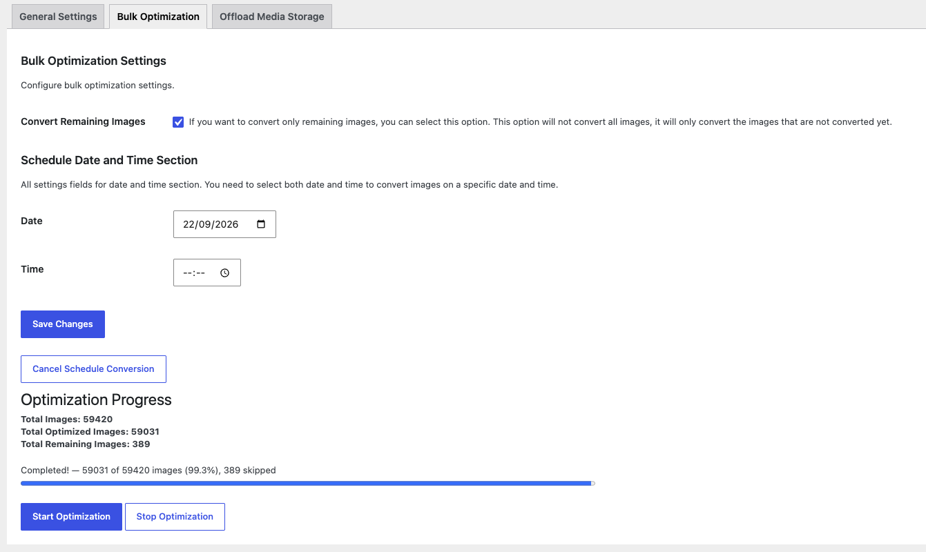 Bulk optimization progress screen processing thousands of images in a WordPress media library