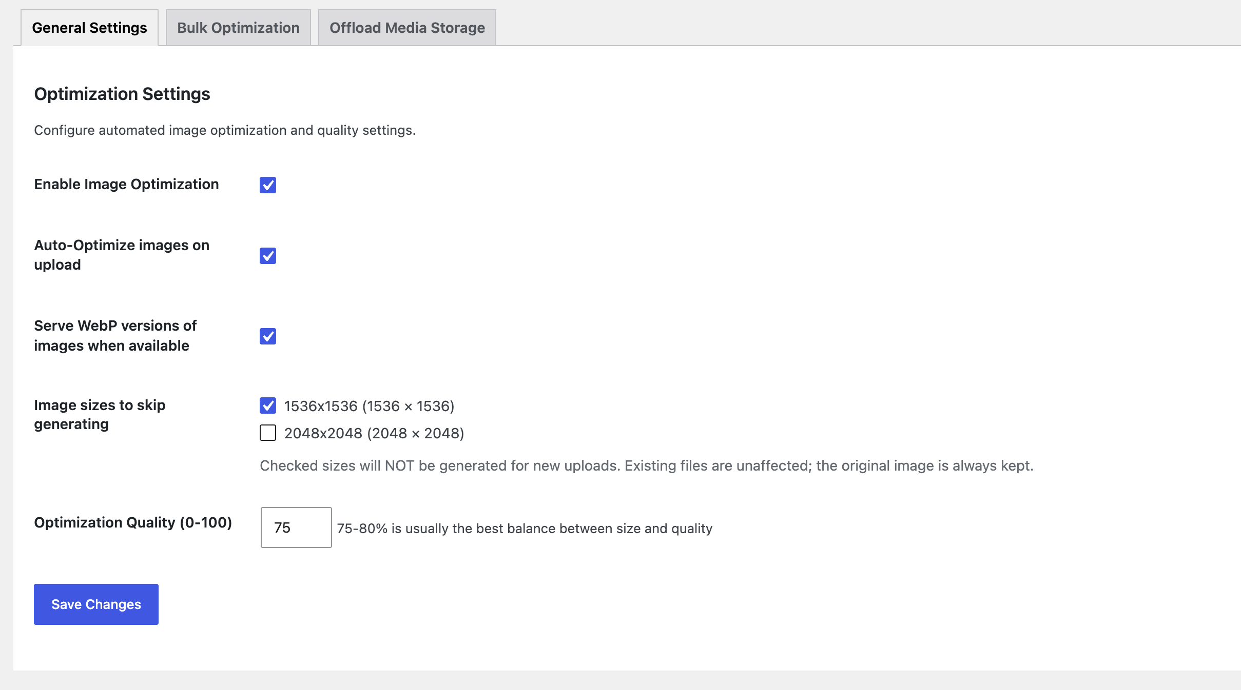 CodePros Image Optimizer settings panel with automatic WebP conversion enabled