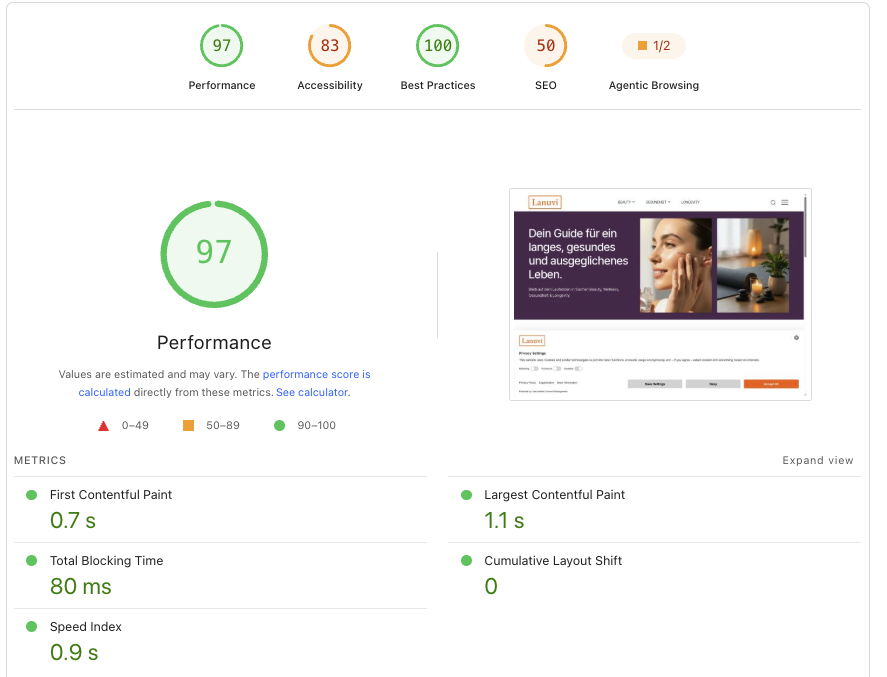 PageSpeed Insights report showing improved performance after image optimization