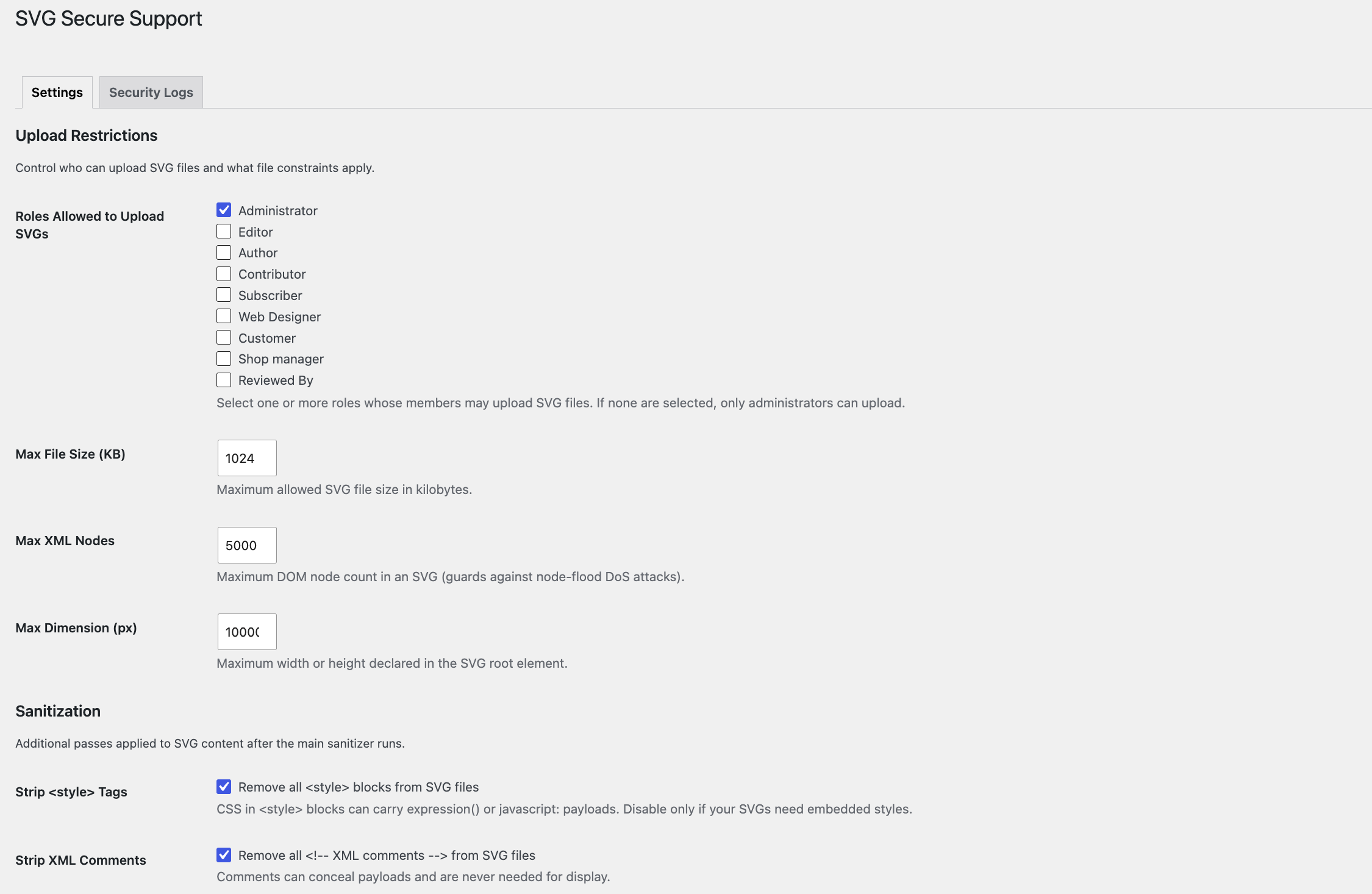 CodePros SVG Secure Support settings screen showing upload role restrictions, max file size, max XML nodes, max dimension, and sanitization options including stripping style tags and XML comments